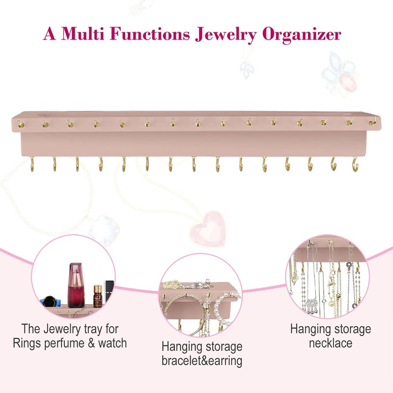 YYILIS Necklace Holder, Upgraded Extra Large Wall Necklace Organizer with 30 Hooks Wall Mounted Necklace Hanger with Jewelry Tray/Cosmetics Shelf Rustic Pine Wood Holder (Pink) - Image 4